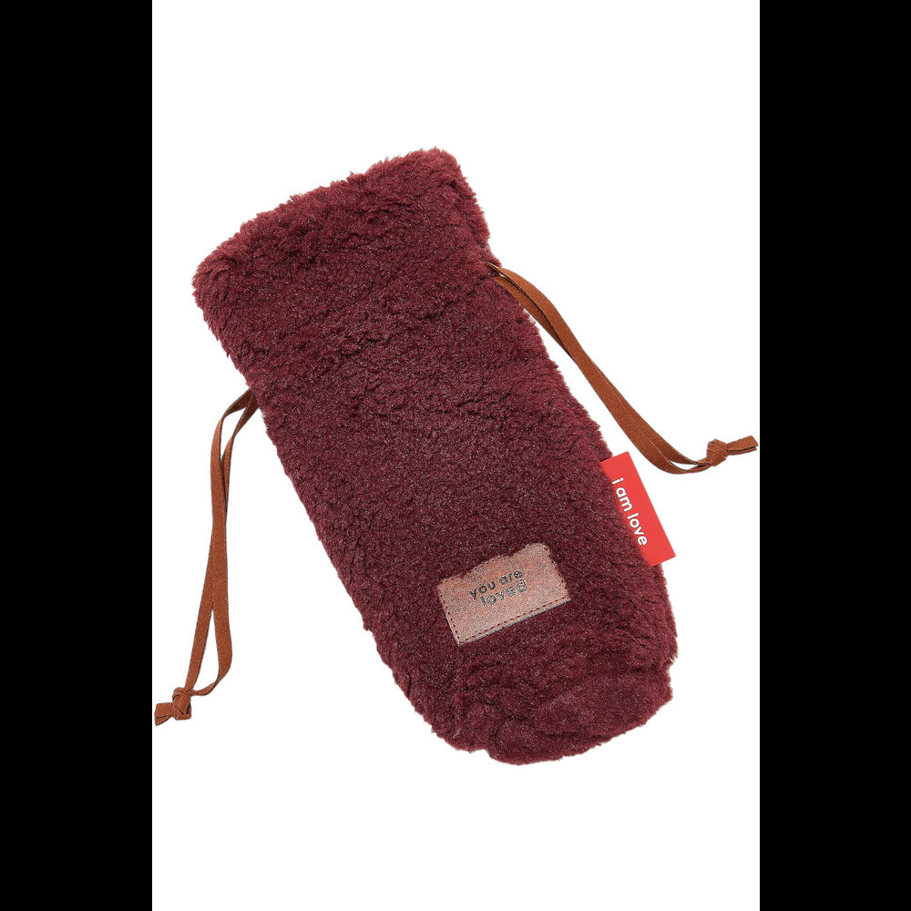 Peace Love World Faux Fur Wine Bag with Drawstring Burgundy